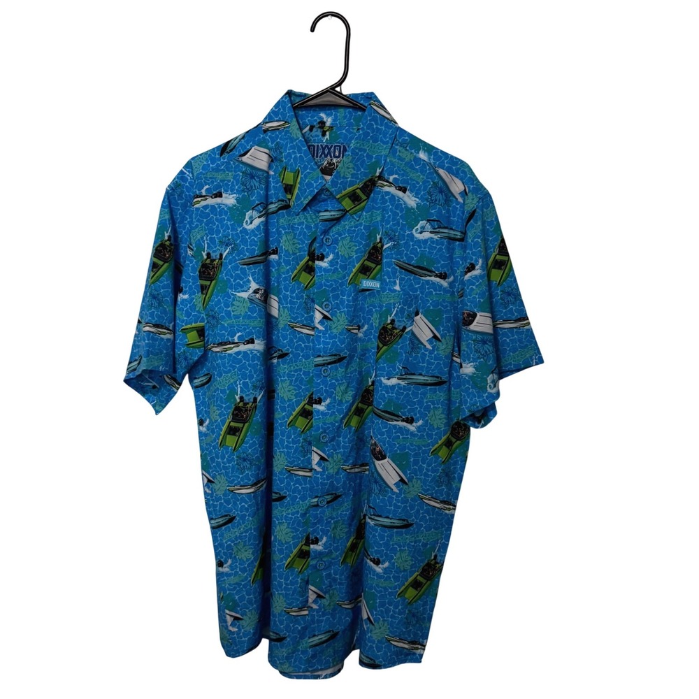 Dixxon Eliminator Boats Party Shirt Mens Large Blue Speedboat Print Short Sleeve